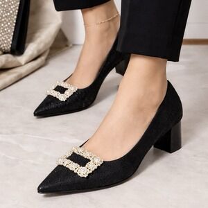 DAPHNE Black Heels Shimmer Fabric Rhinestone Pearl Buckle sz US 7.5 /245 CN